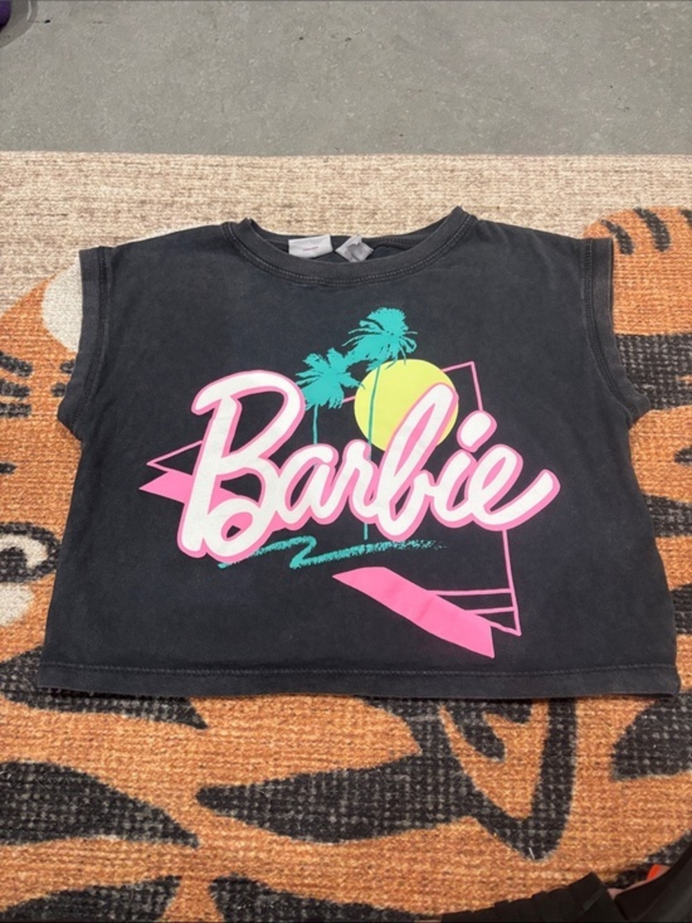 Barbie Black Tank Top with Neon Pink Logo and Teal Palm